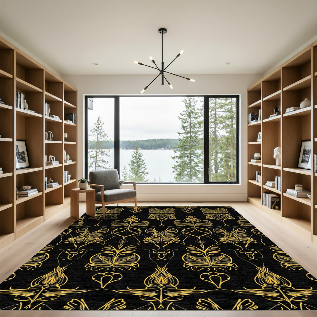 Golden Art Nouveau Botanical Lattice Rug