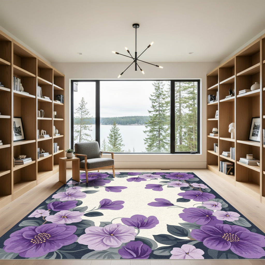 Vibrant Purple Flower Garden Frame Rug