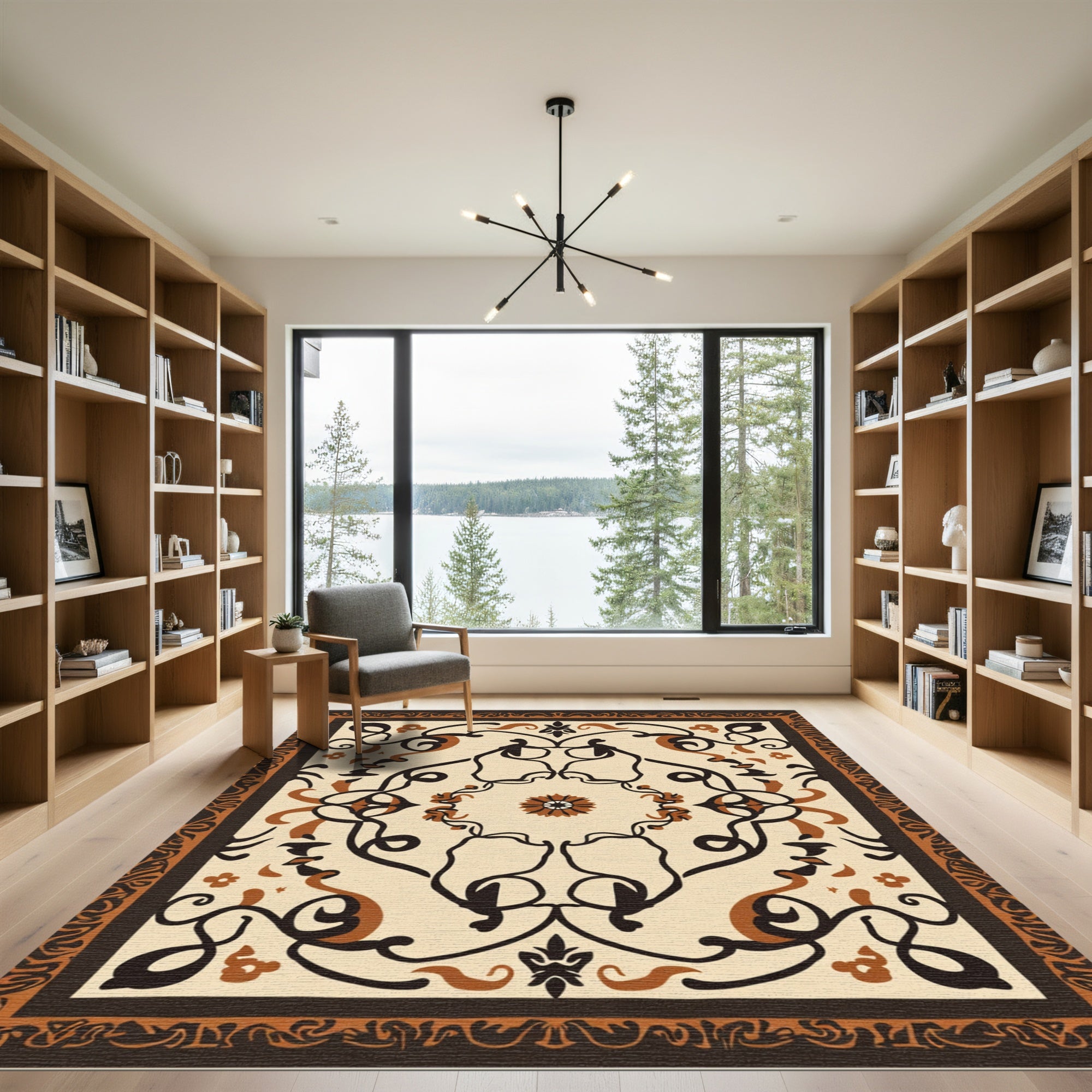 Intricate Floral Scrollwork Cream Brown Rug