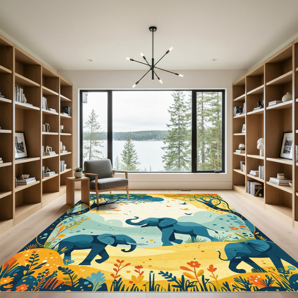 Whimsical Blue Elephants Safari Meadow Rug
