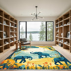 Whimsical Blue Elephants Safari Meadow Rug
