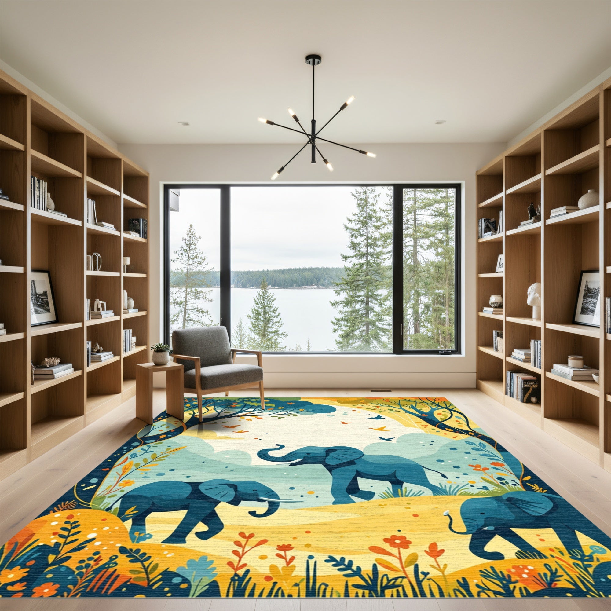 Whimsical Blue Elephants Safari Meadow Rug