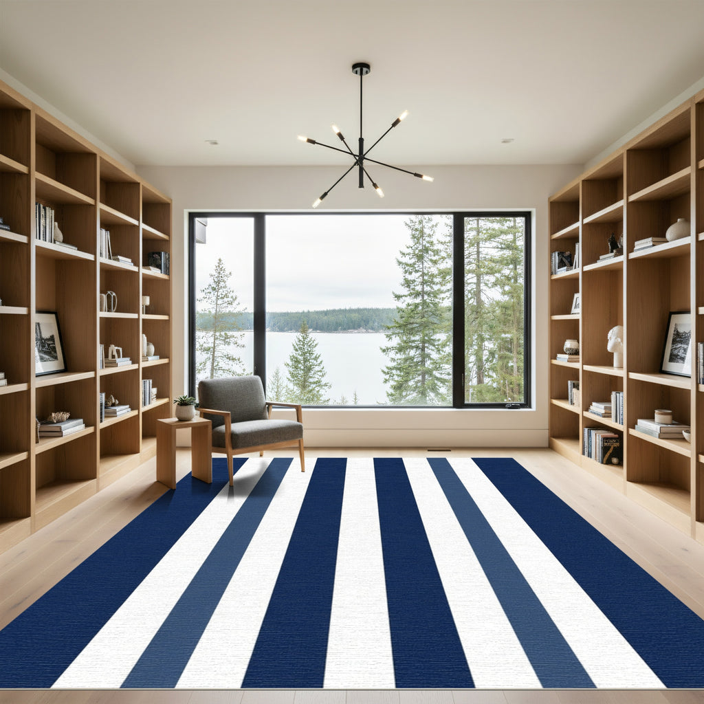 Bold Blue White Vertical Stripe Rug