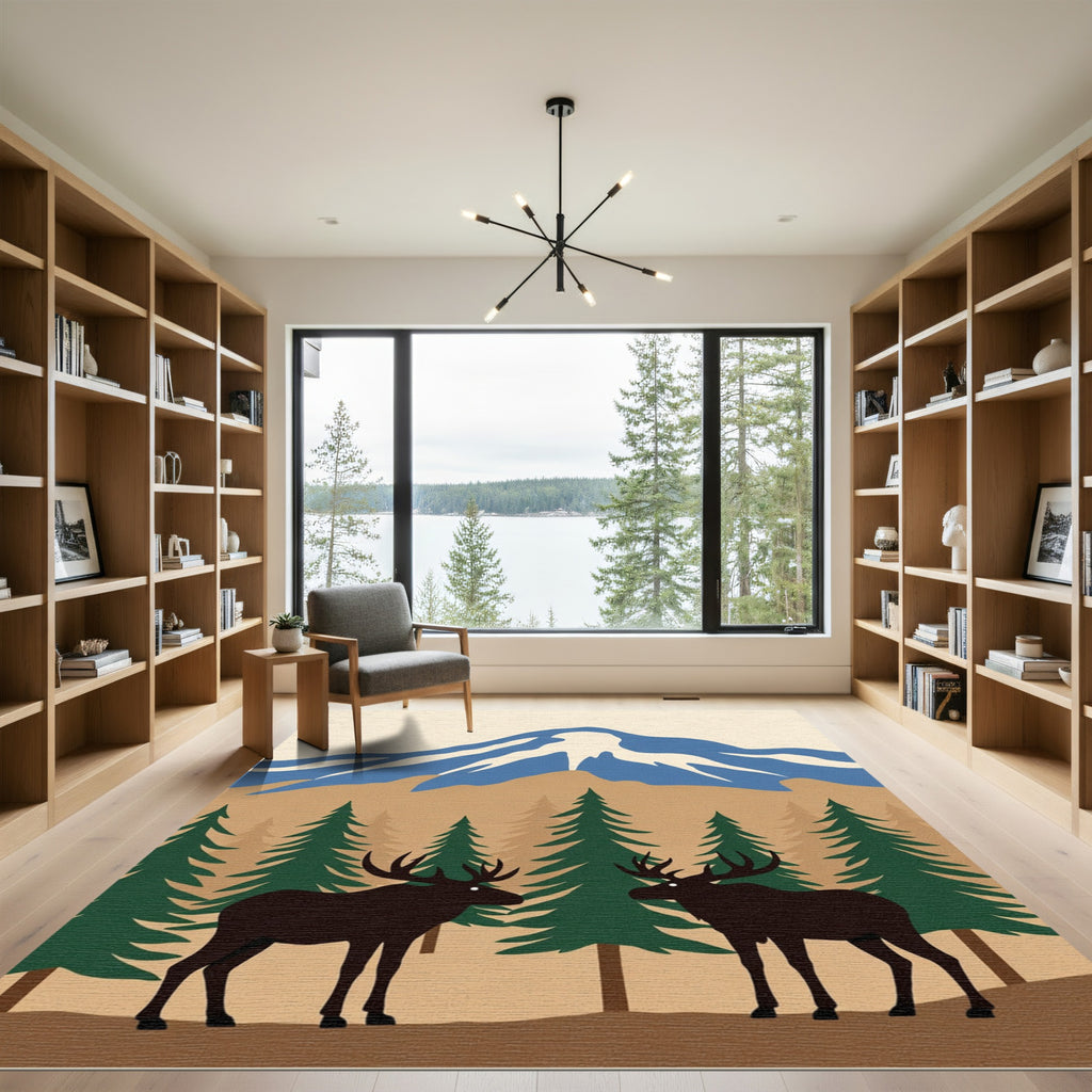 Rustic Moose Forest Mountain Scene Rug