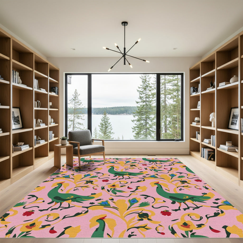 Green Peacock Pink Floral Art Rug