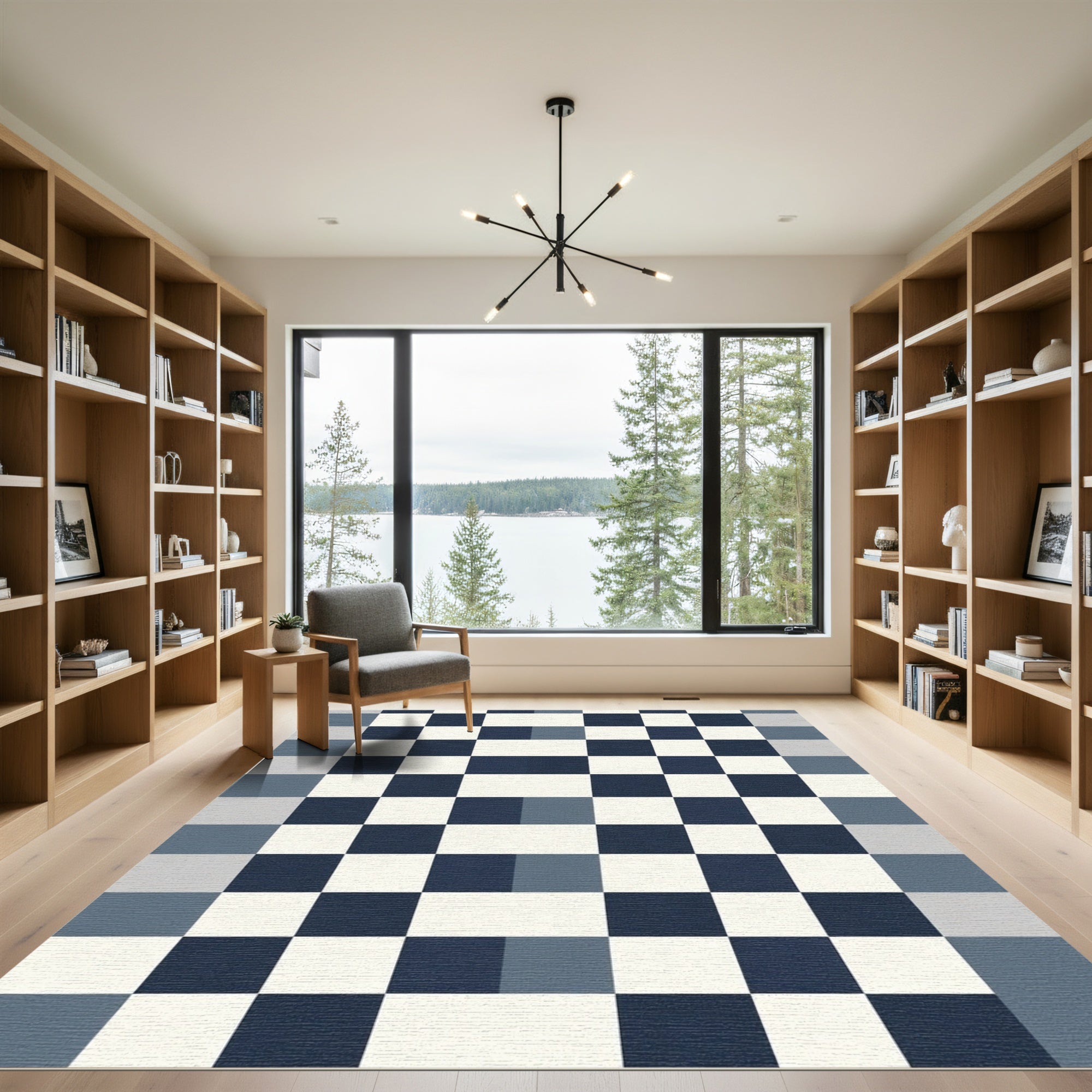 Modern Blue White Geometric Check Rug