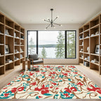 Red Teal Brown Floral Vine Swirls Rug
