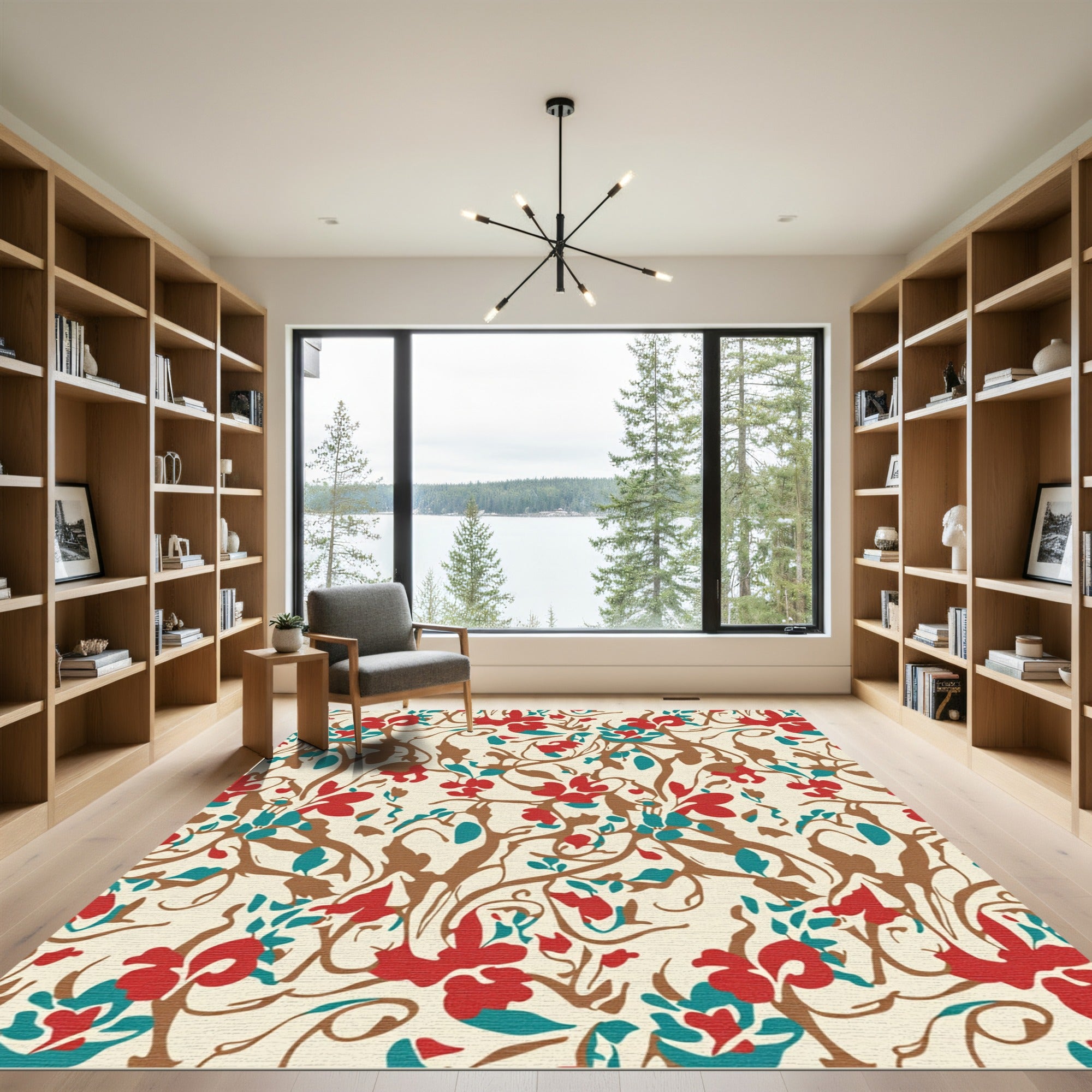 Red Teal Brown Floral Vine Swirls Rug