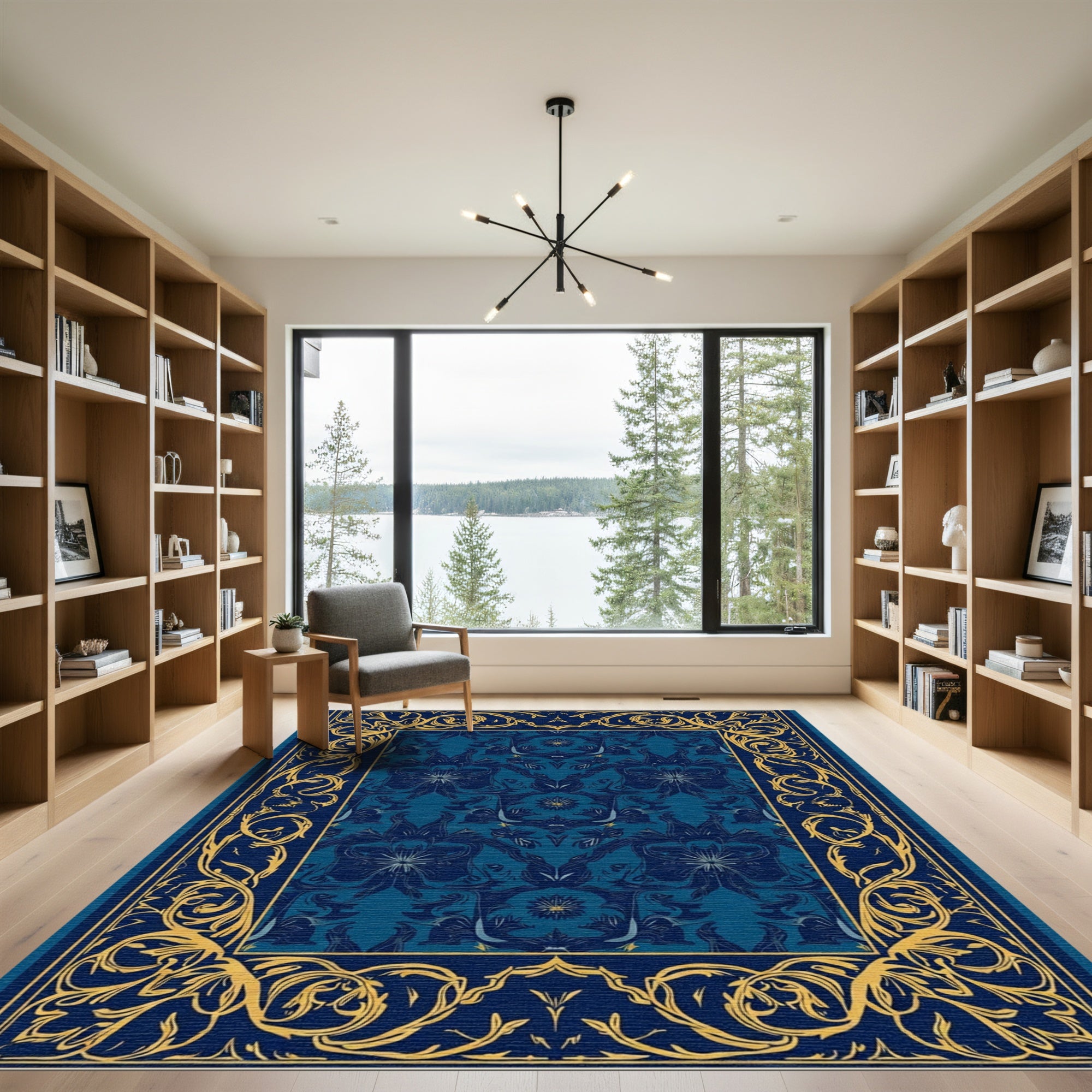 Deep Blue Gilded Floral Scroll Border Rug