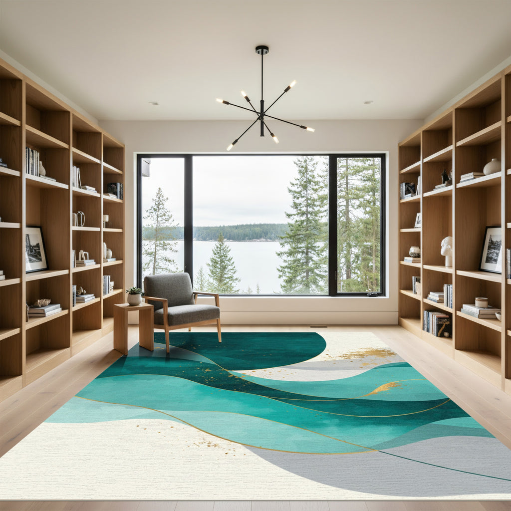 Teal and Gold Abstract Wave Rug
