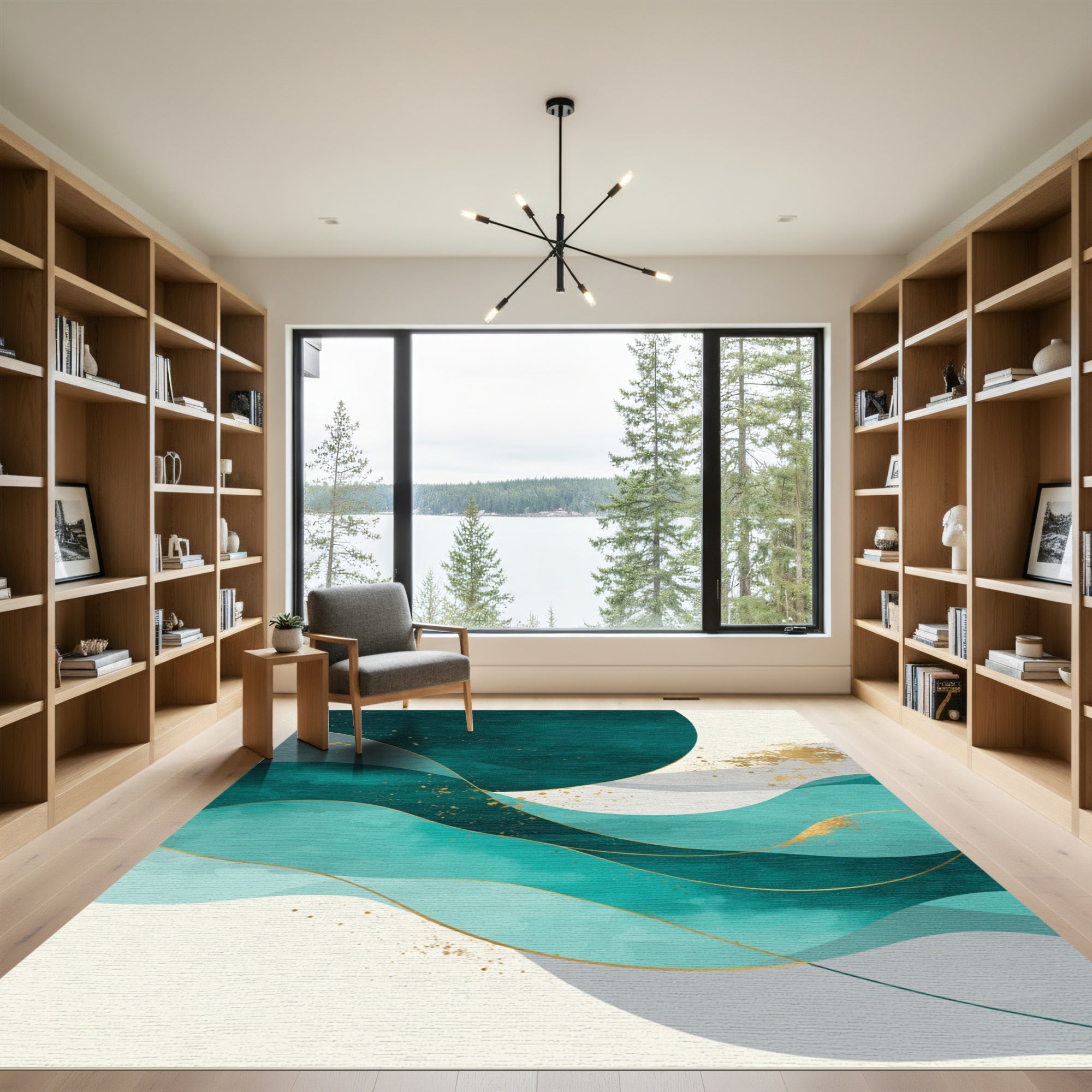Teal and Gold Abstract Wave Rug