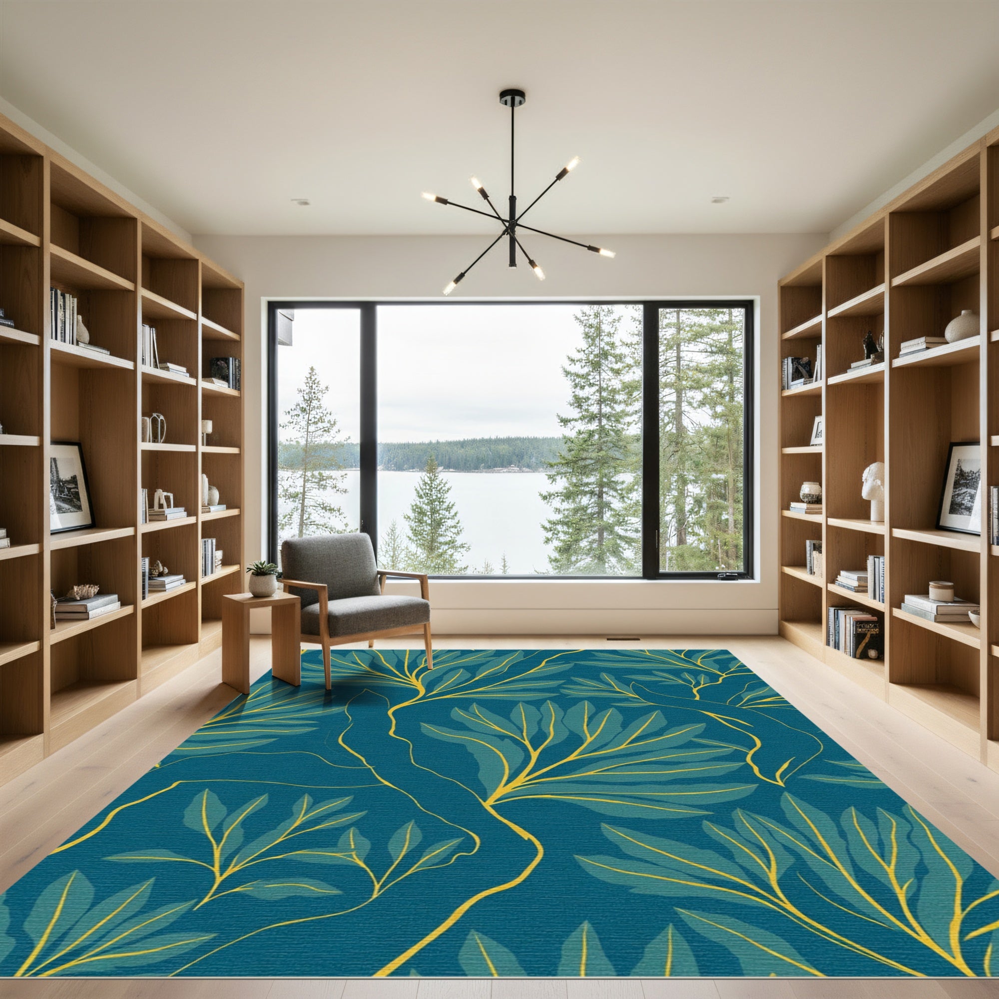 Deep Teal Golden Leaf Branch Rug