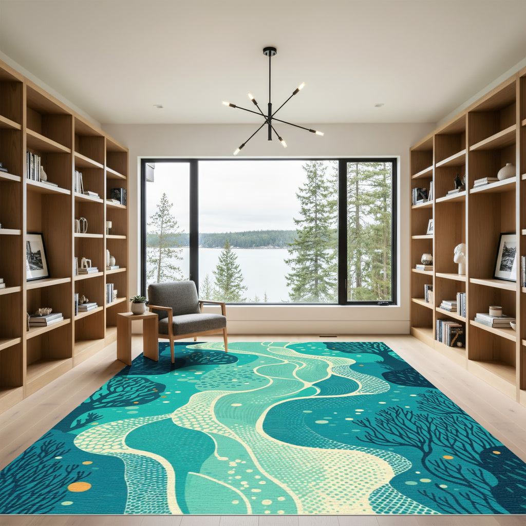 Teal Abstract Flowing River Trees Rug
