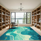 Teal Abstract Flowing River Trees Rug