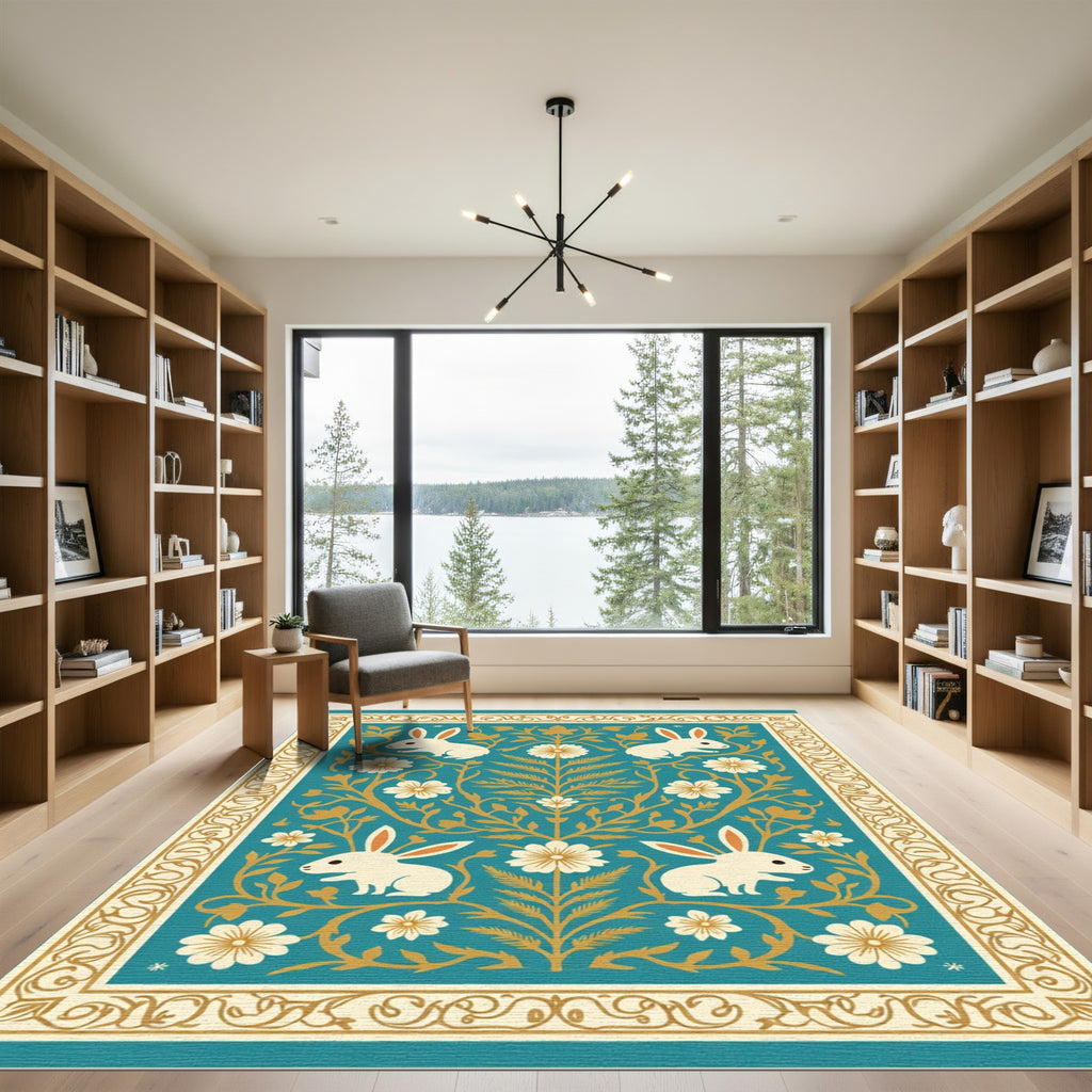 Turquoise Floral Bunny Art Rug