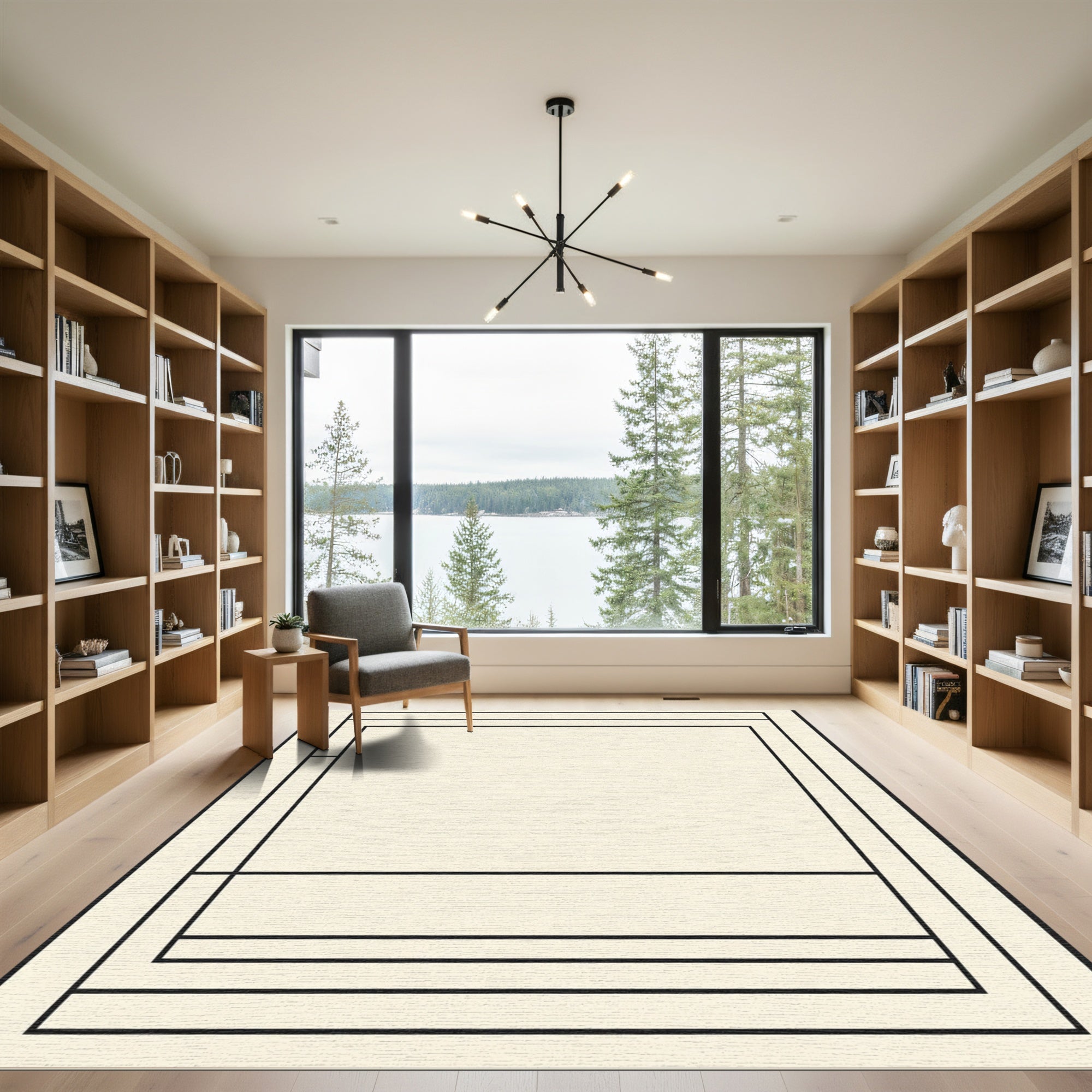 Simple Ivory Black Linear Border Rug