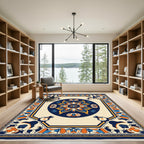 Navy Blue Orange Floral Medallion Rug