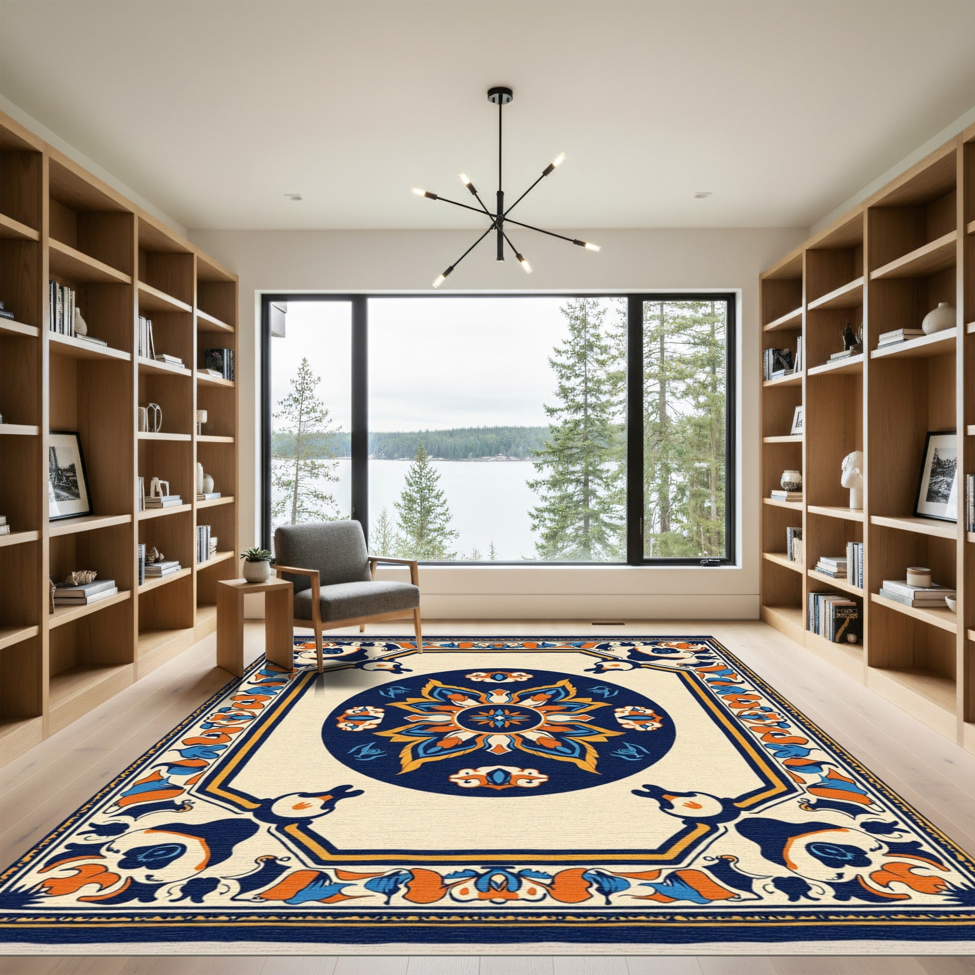 Navy Blue Orange Floral Medallion Rug