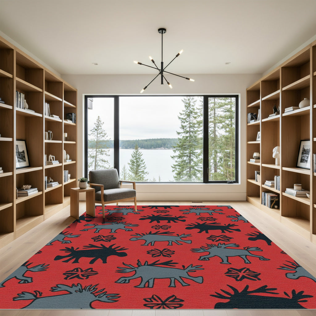 Red Moose And Snowflake Pattern Rug