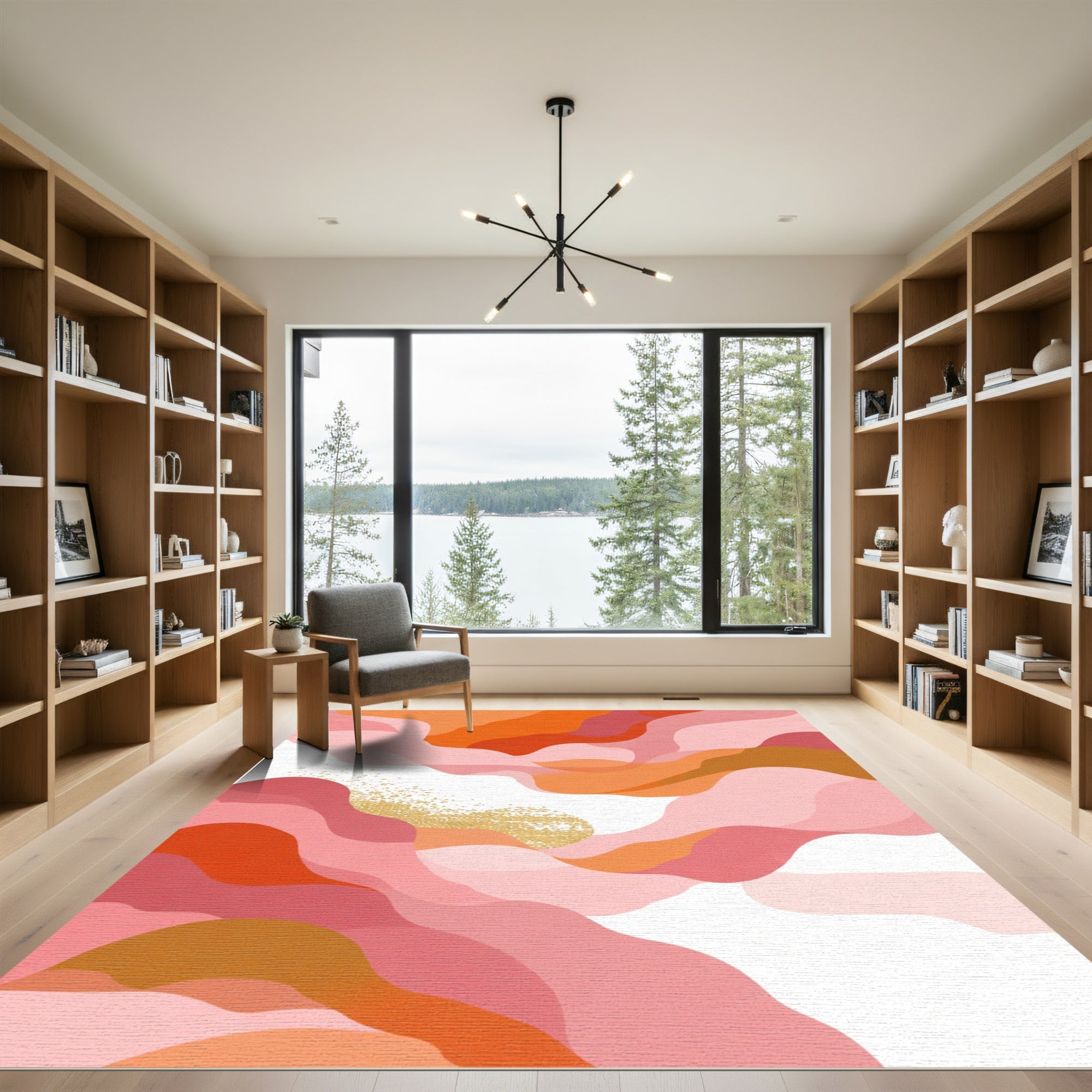 Pink Coral Abstract Wavy Gold Glitter Rug