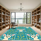 Teal Whimsical Rabbit Garden Border Rug