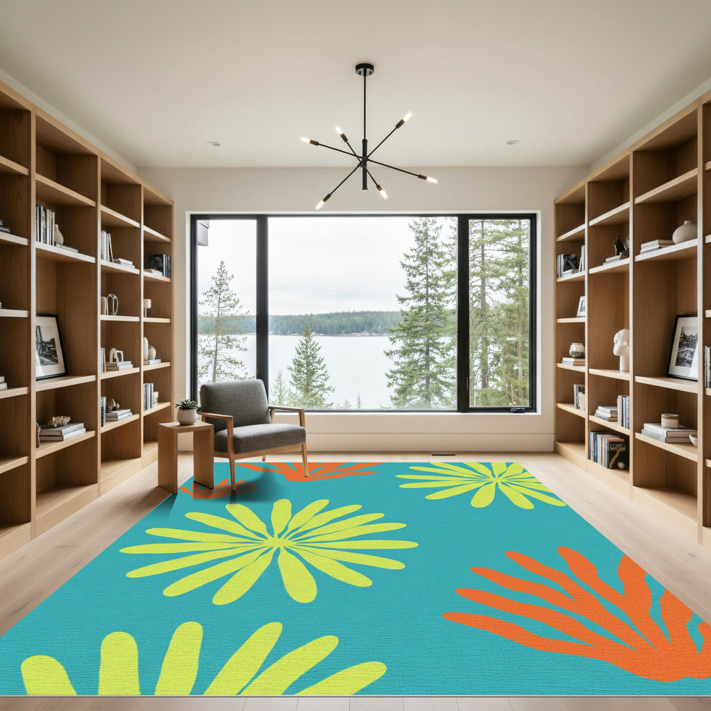 Teal Orange Yellow Floral Arrangement Rug