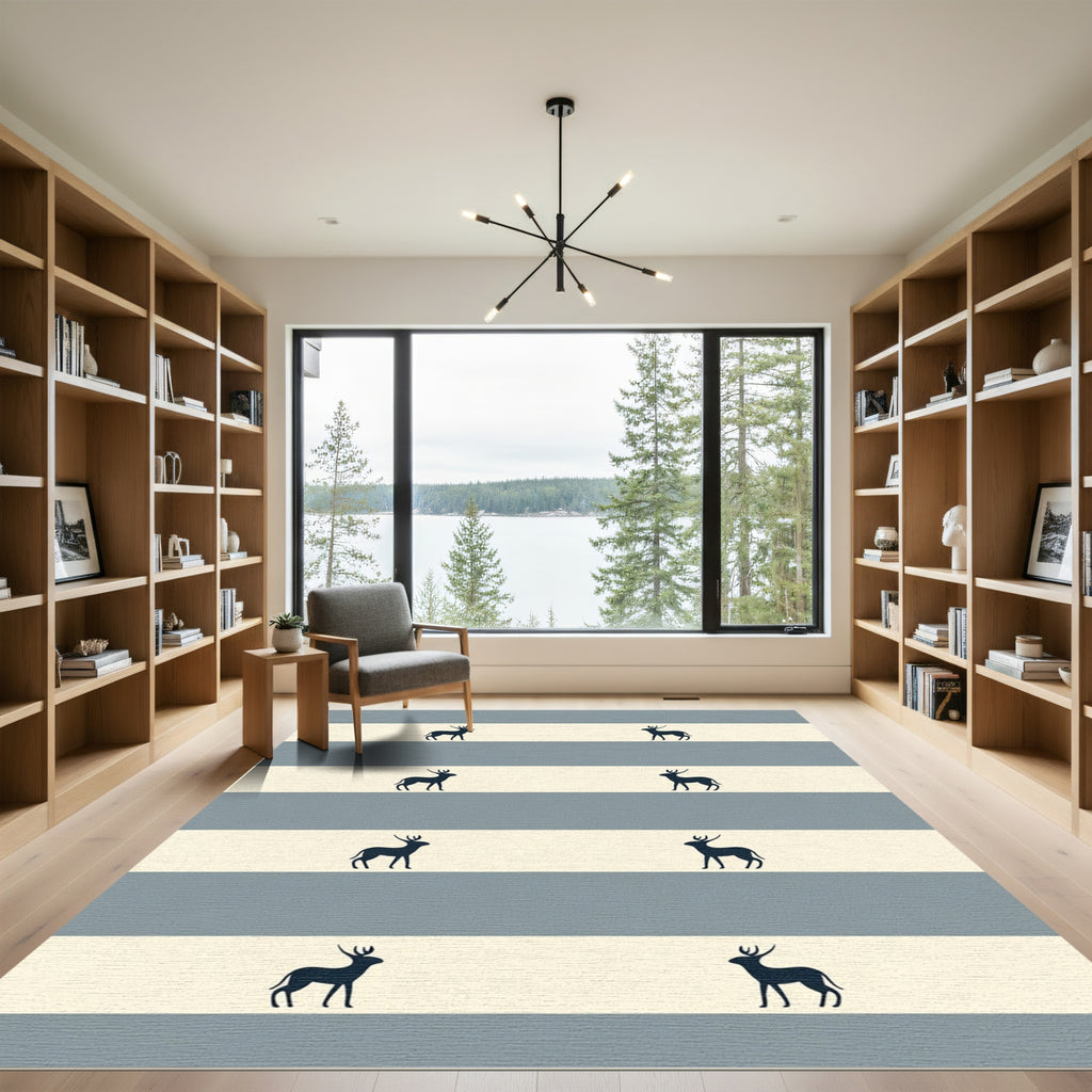 Gray Cream Stripe Deer Silhouettes Rug