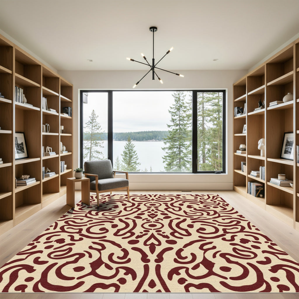 Deep Crimson Organic Swirl Symmetrical Rug