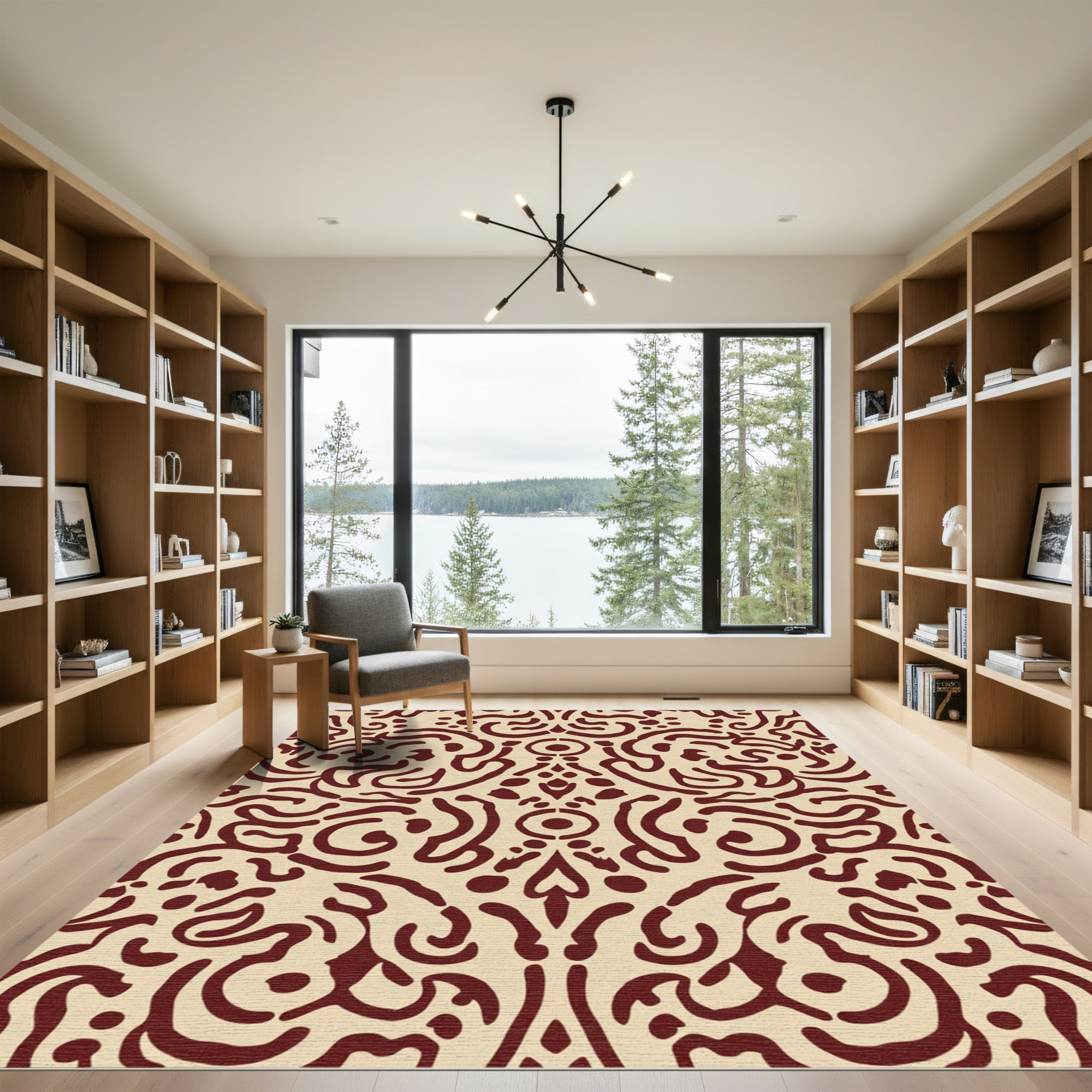 Deep Crimson Organic Swirl Symmetrical Rug