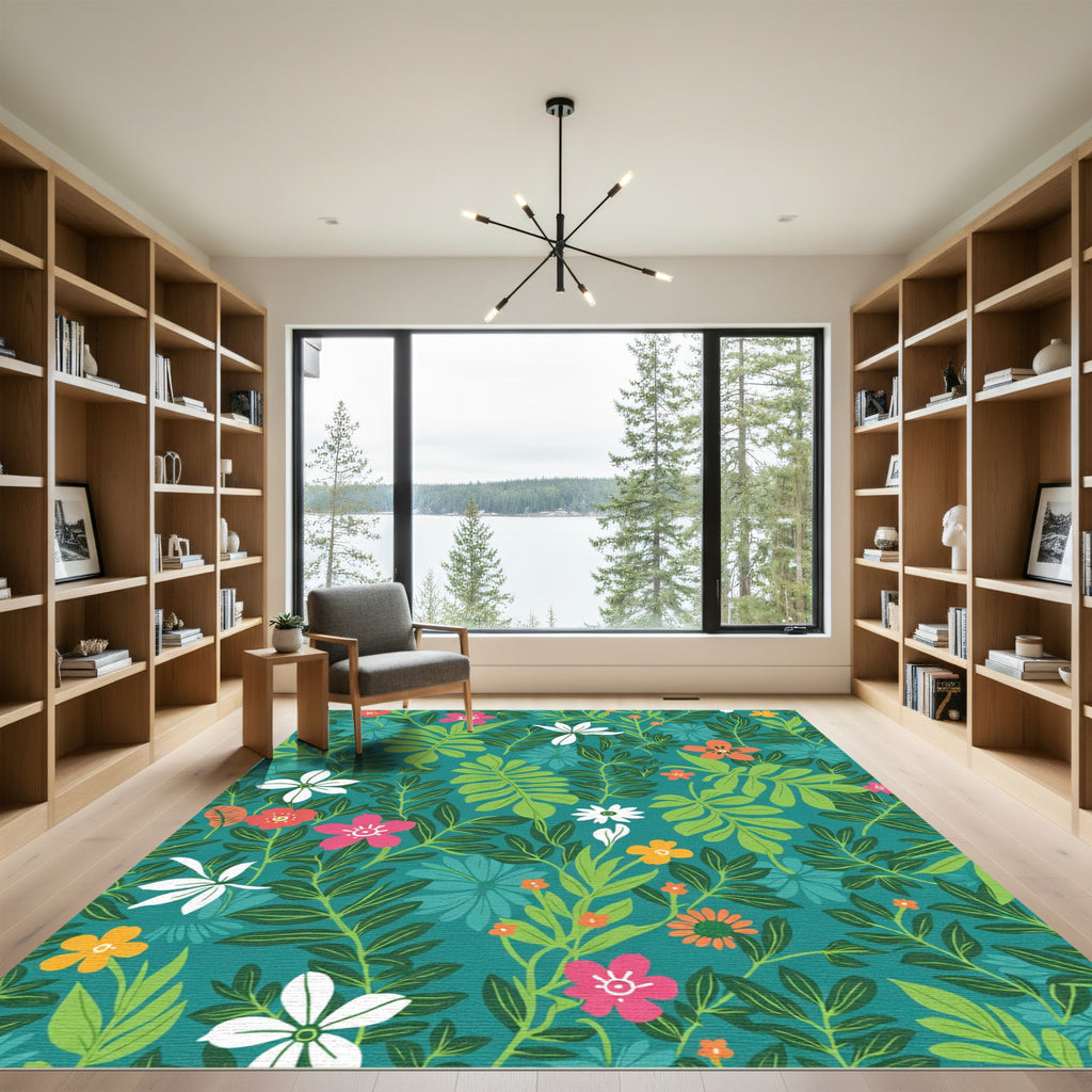 Vibrant Teal Tropical Floral Garden Rug