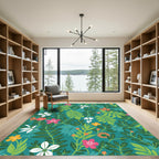Vibrant Teal Tropical Floral Garden Rug