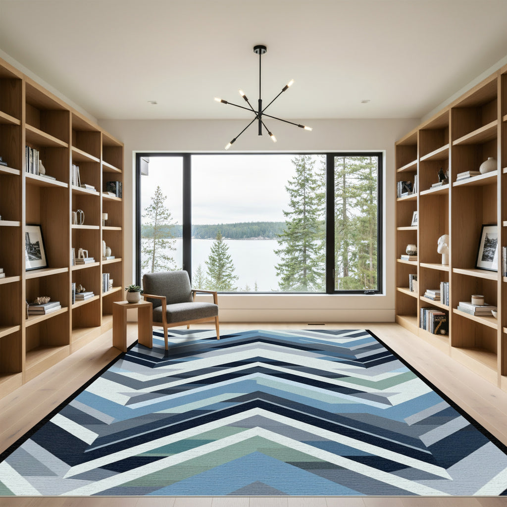 Cool Blue Chevron Geometric Rug