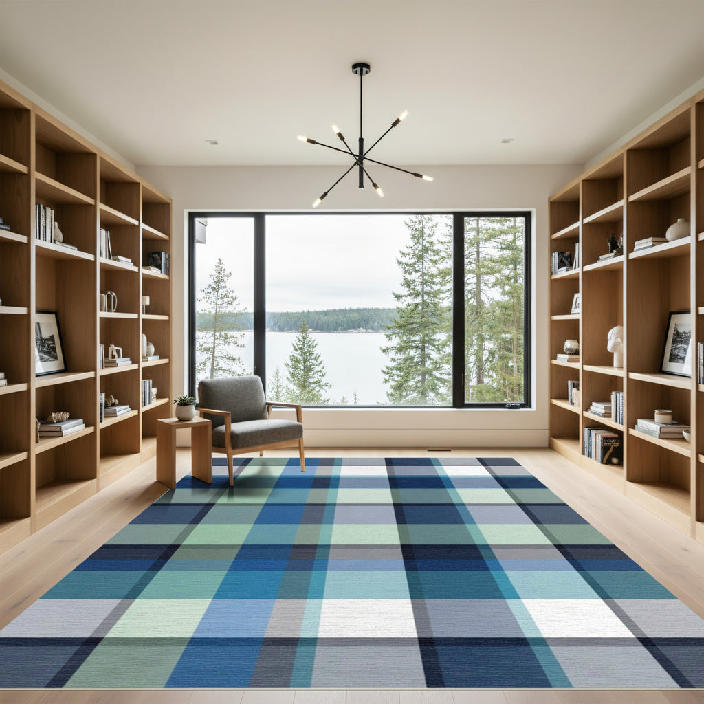 Coastal Blue Plaid Checkered Rug