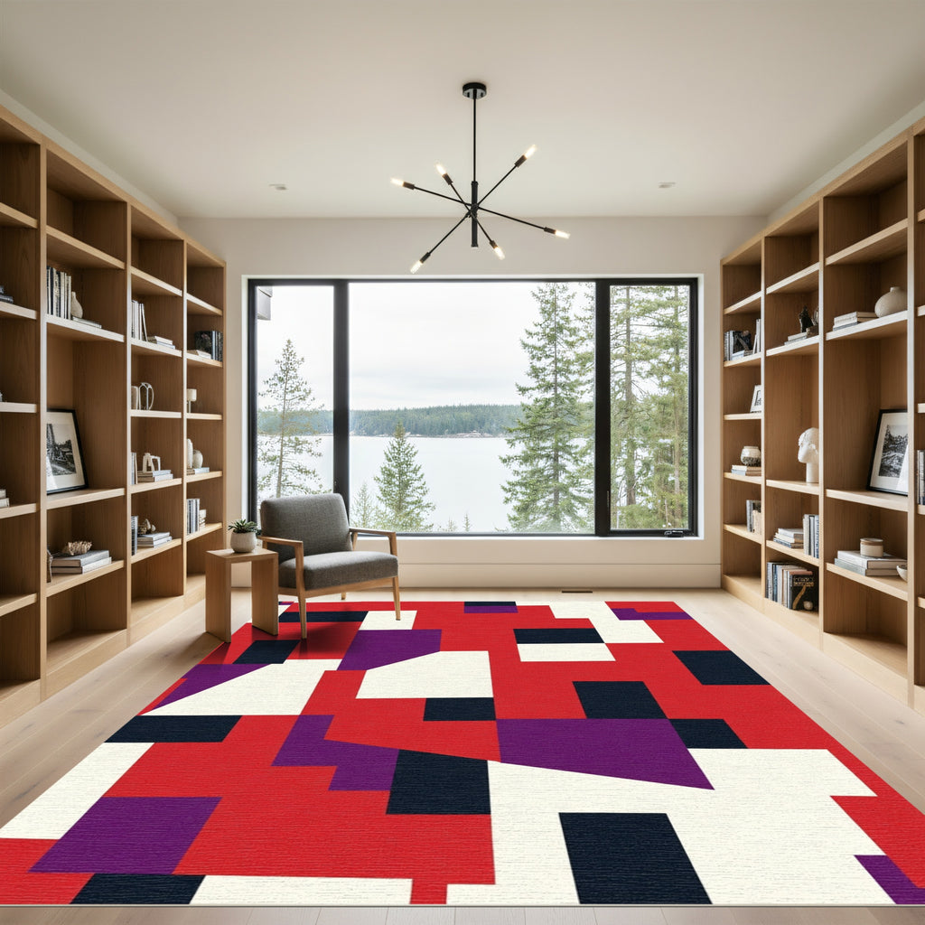 Bold Red Geometric Abstract Composition Rug