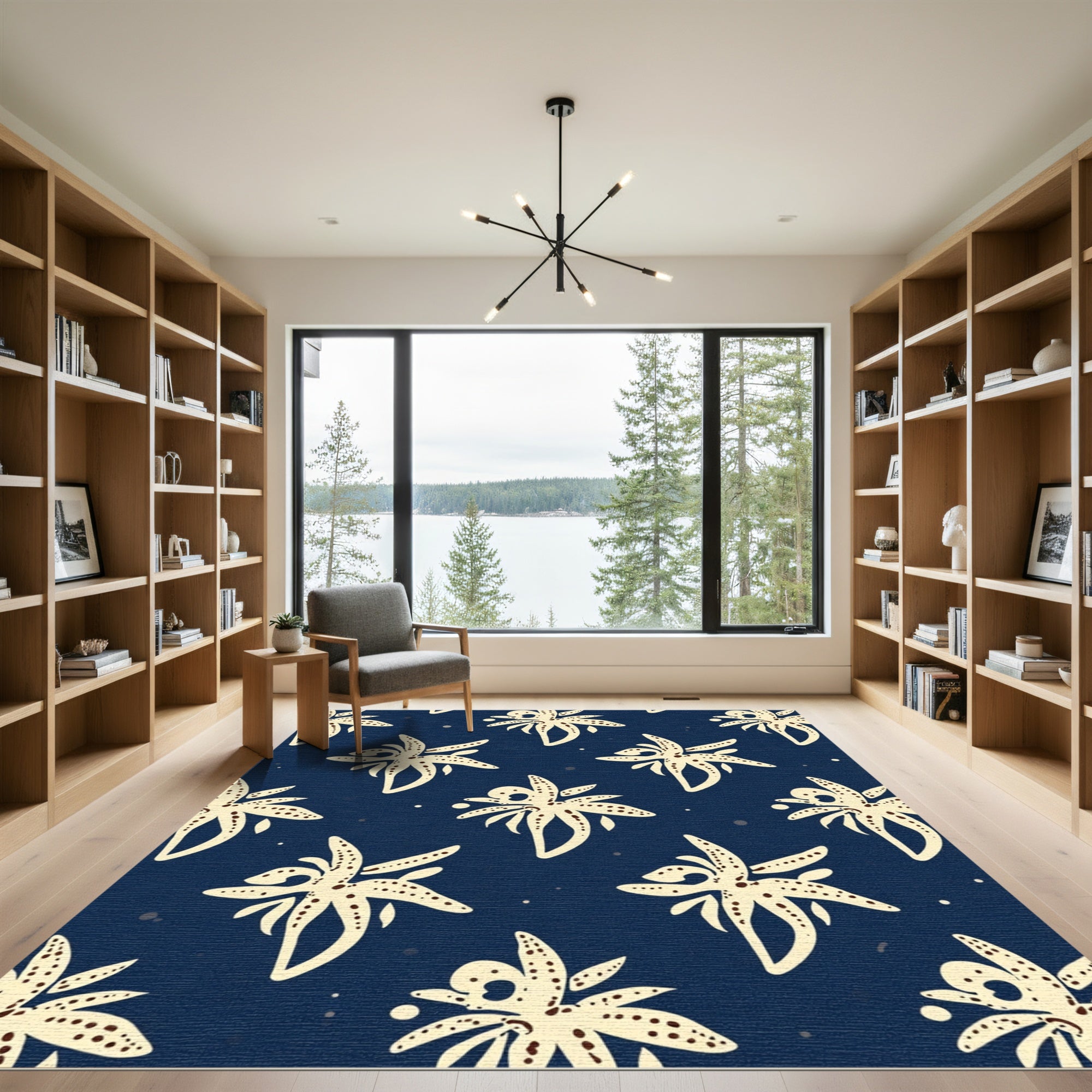 Cream Orchid Navy Background Repeat Rug