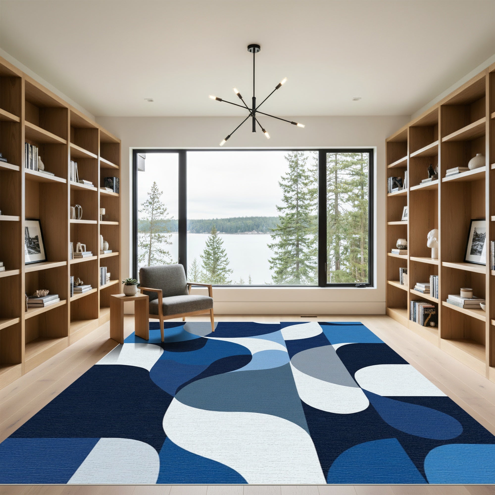 Mid Century Blue Abstract Organic Shapes Rug