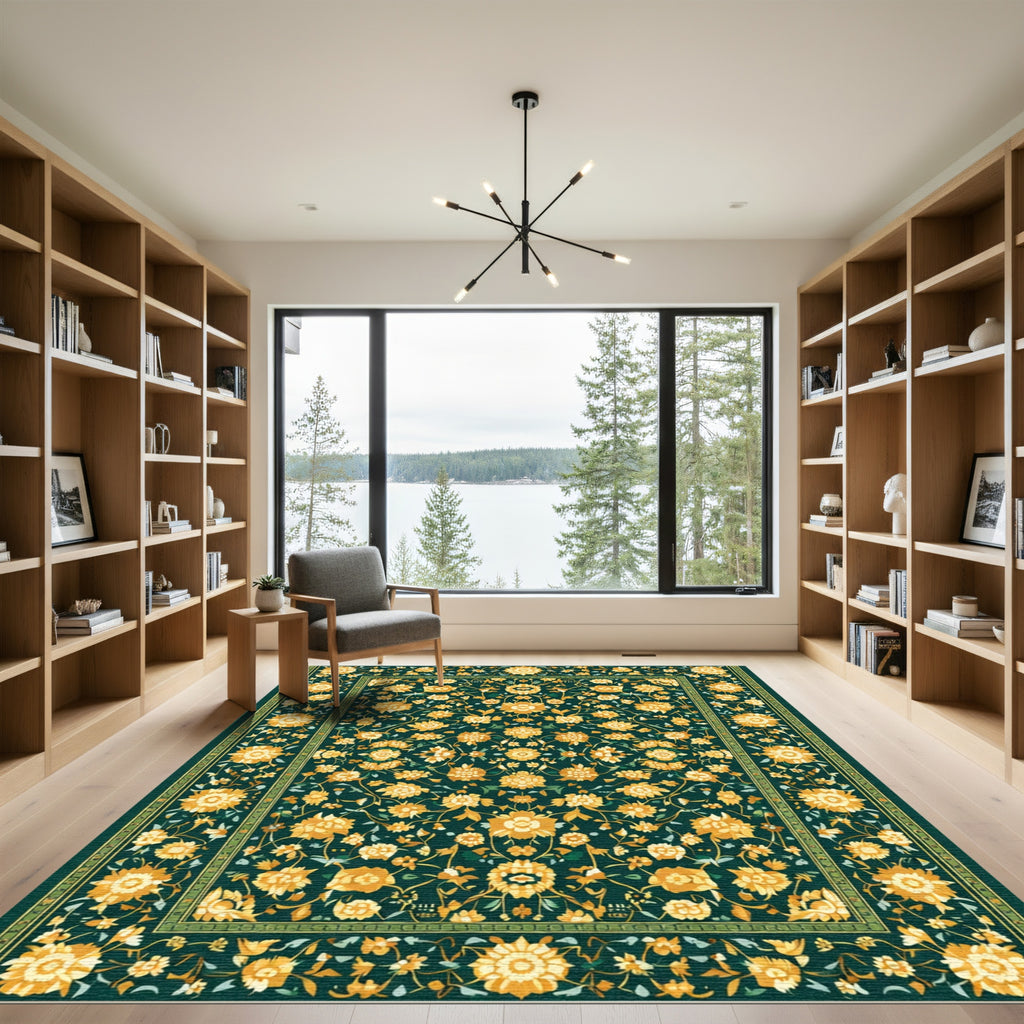Vivid Yellow Floral Vines Emerald Border Rug