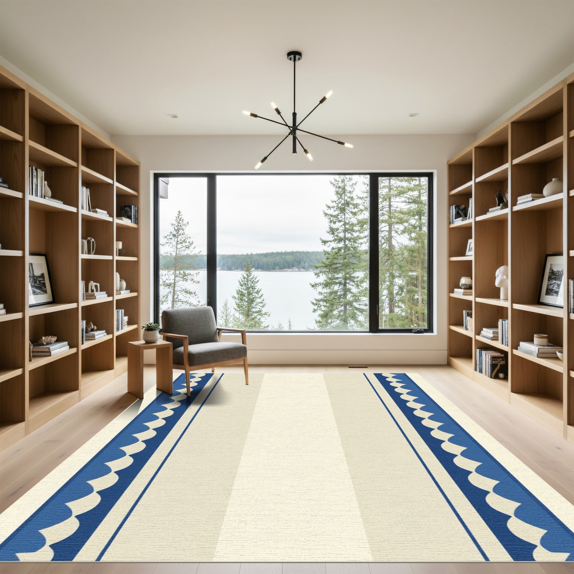 Cream Blue Scalloped Stripe Rug