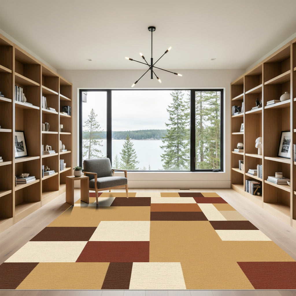 Terracotta Brown Geometric Blocks Rug
