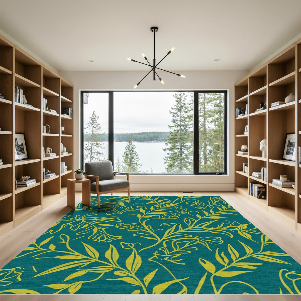 Teal Yellow Botanical Branch Overlay Rug