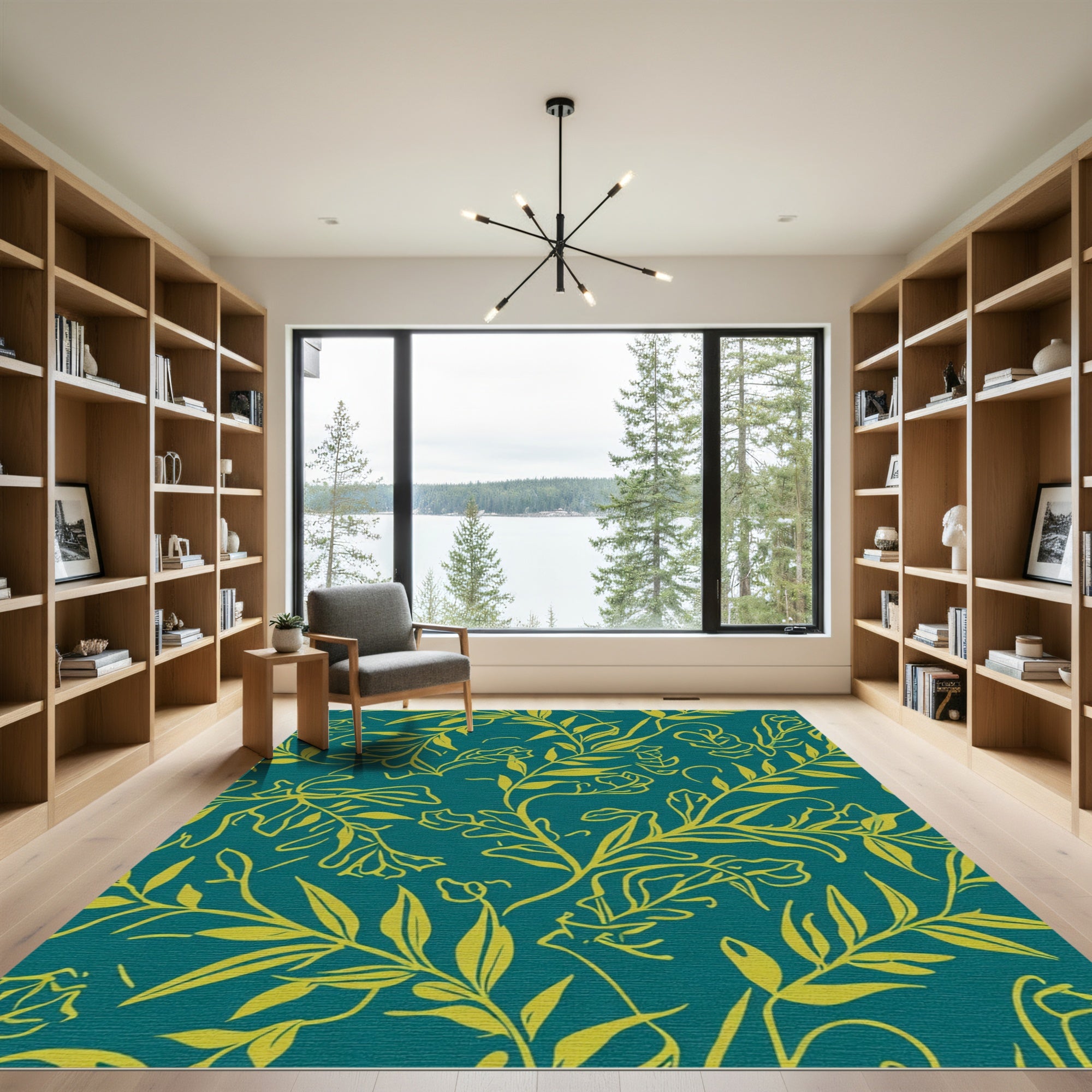 Teal Yellow Botanical Branch Overlay Rug