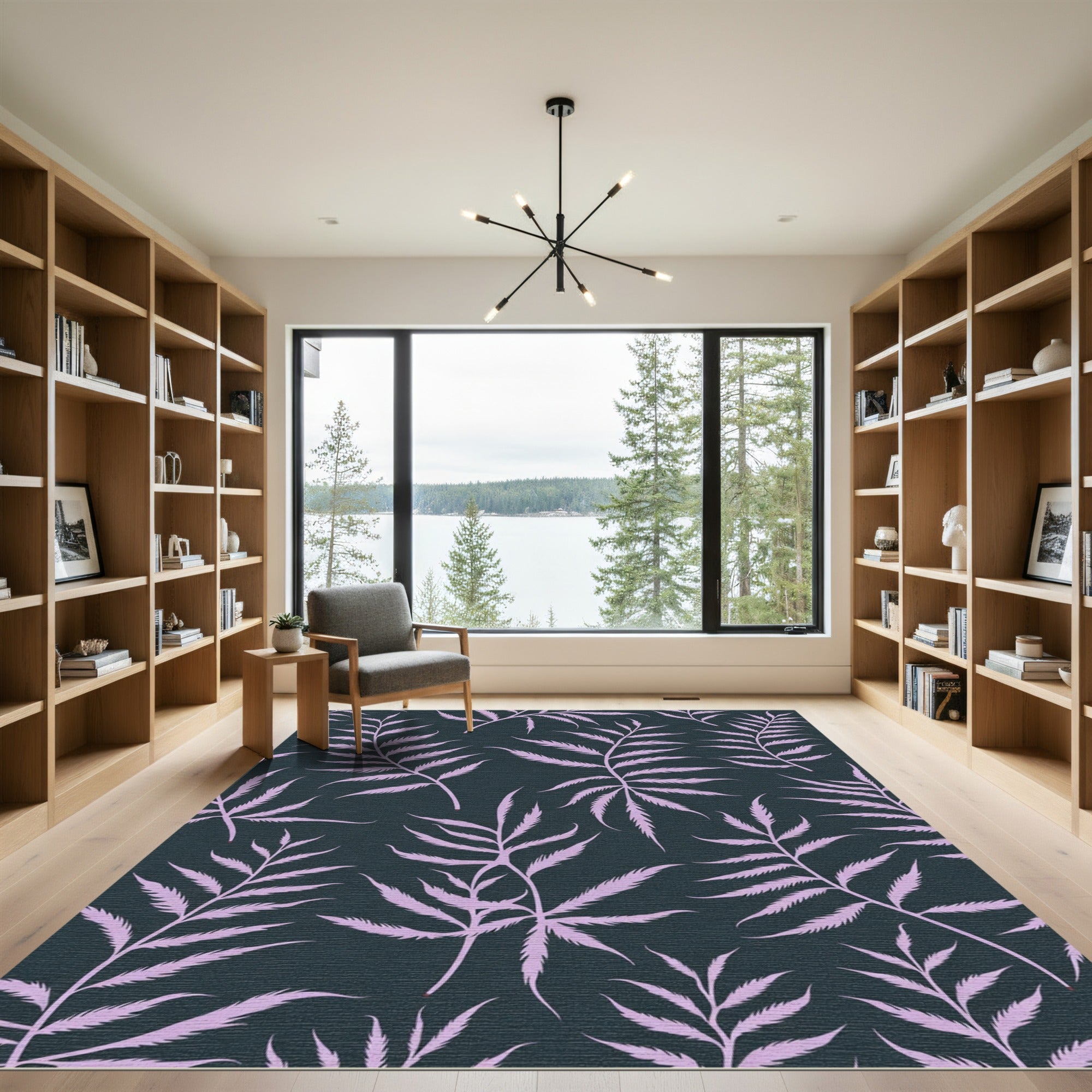 Lavender Fern Fronds Dark Background Rug