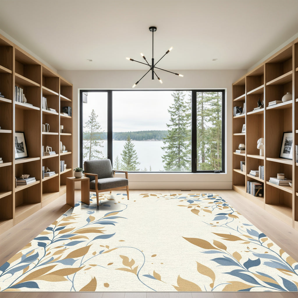 Gold Blue Leafy Vines Arrangement Rug