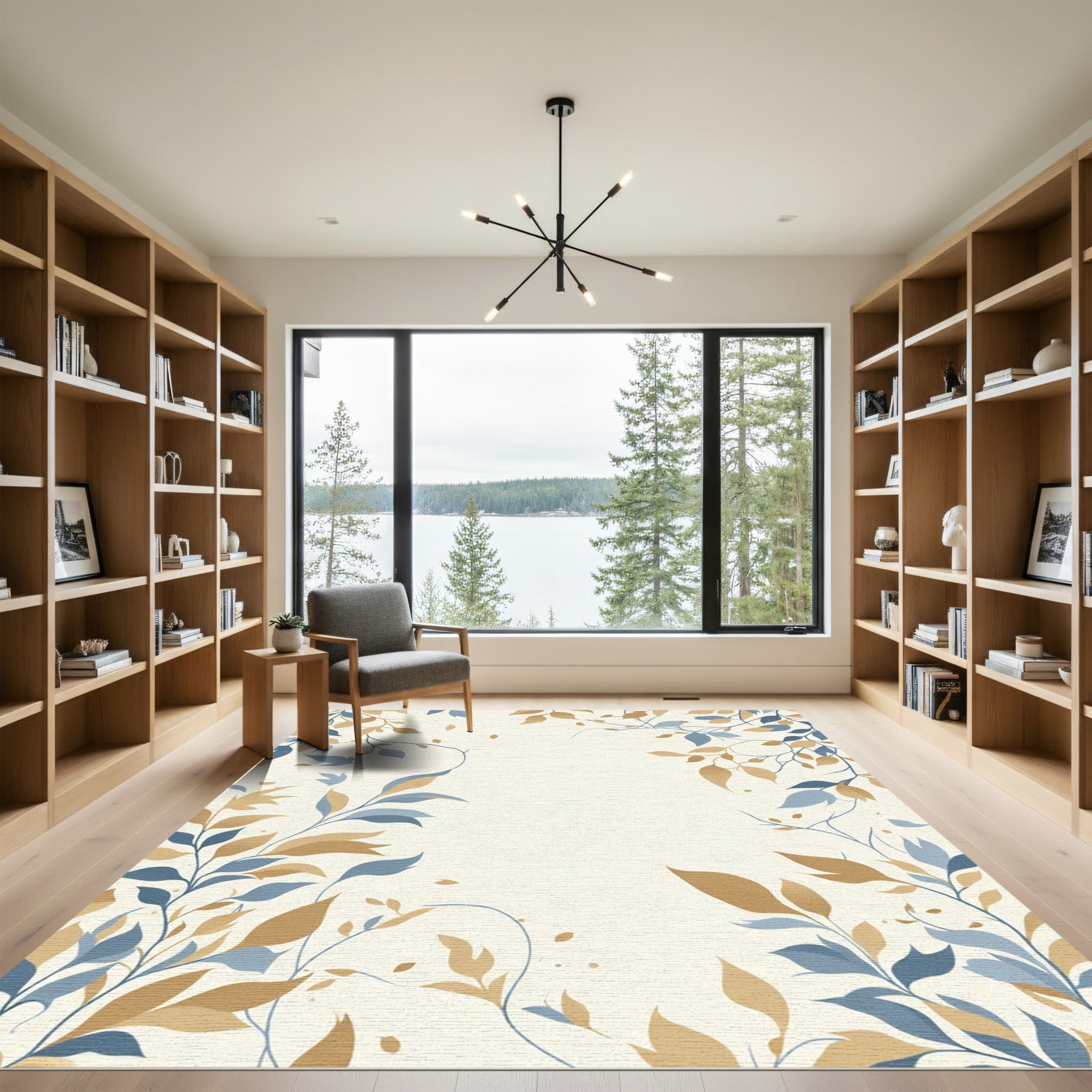 Gold Blue Leafy Vines Arrangement Rug