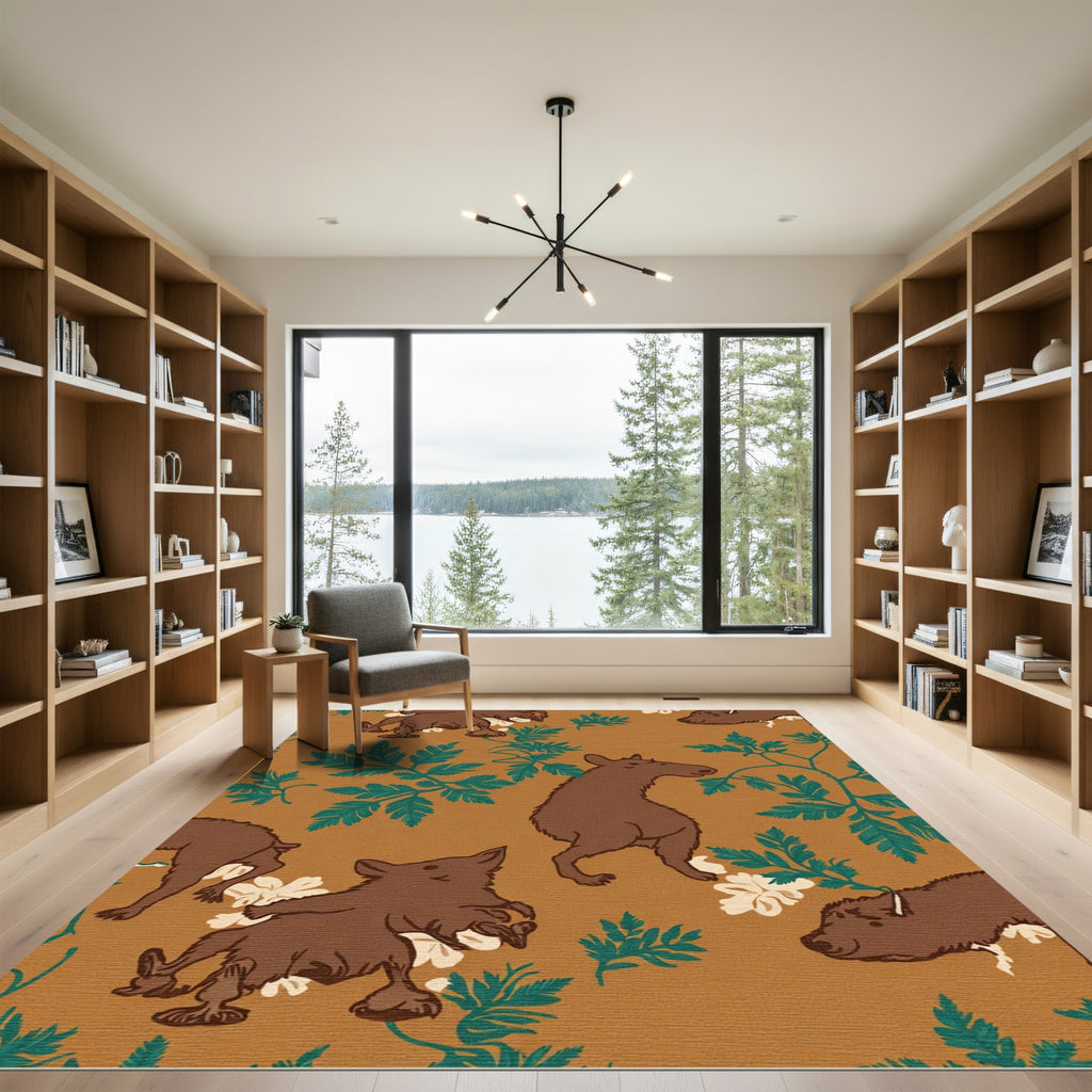 Brown Feral Animals Green Foliage Rug