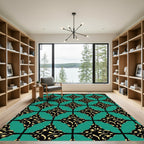 Teal Black Golden Geometric Burst Rug