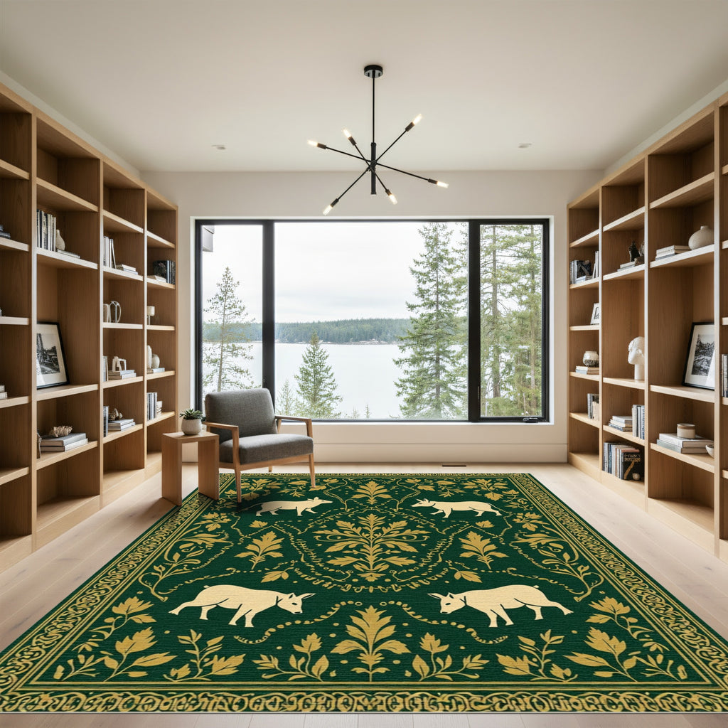 Green and Gold Forest Scene Rug