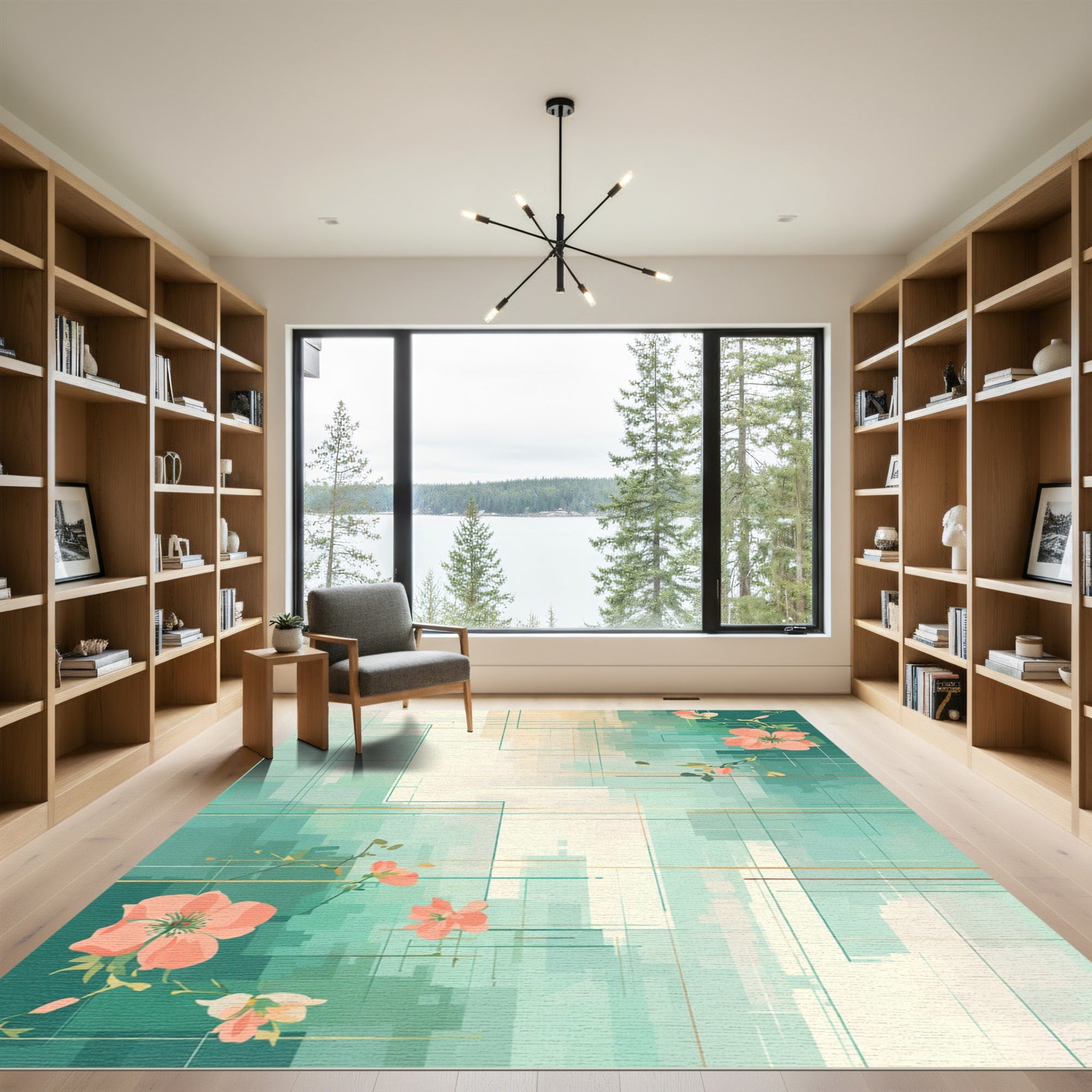 Coral Blossom Geometric Grid Rug