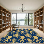 Golden Octopus Navy Blue Repeating Rug