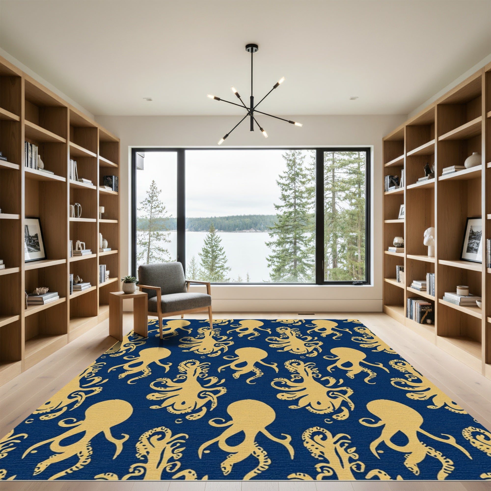 Golden Octopus Navy Blue Repeating Rug